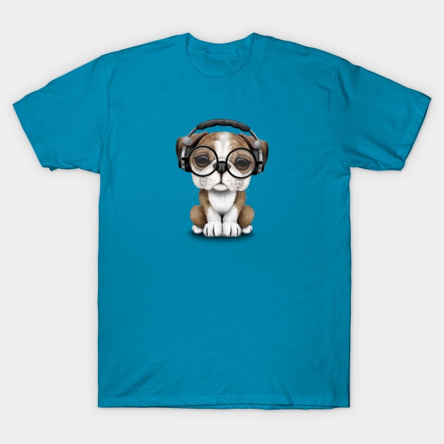 English Bulldog Puppy Dj Wearing Headphones and Glasses T-Shirt by jeffbartels